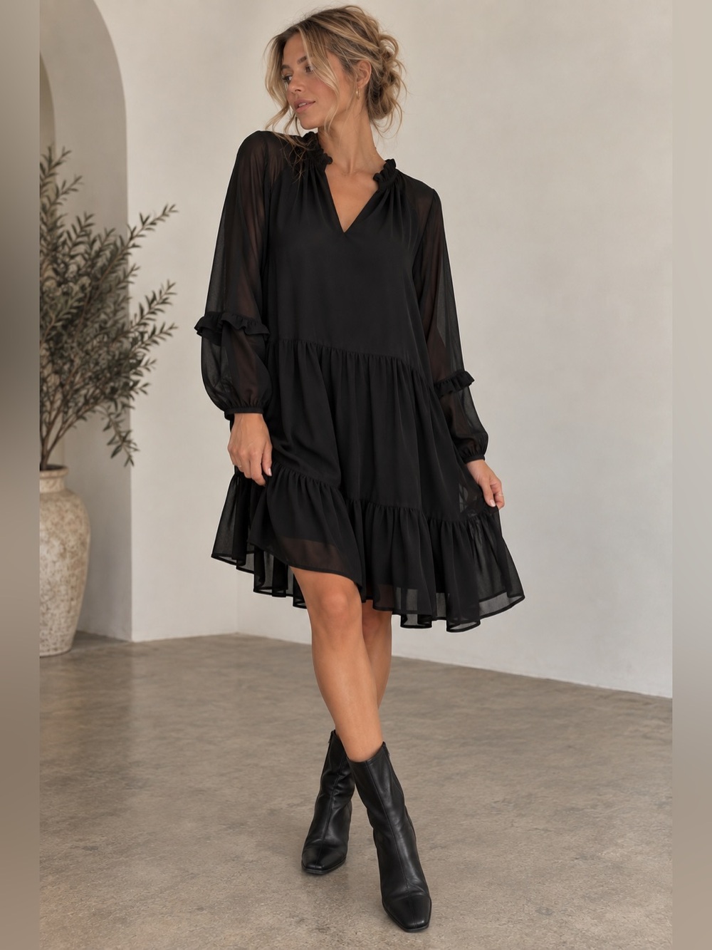 Vince Camuto - Black Ruffle Chiffon Dress